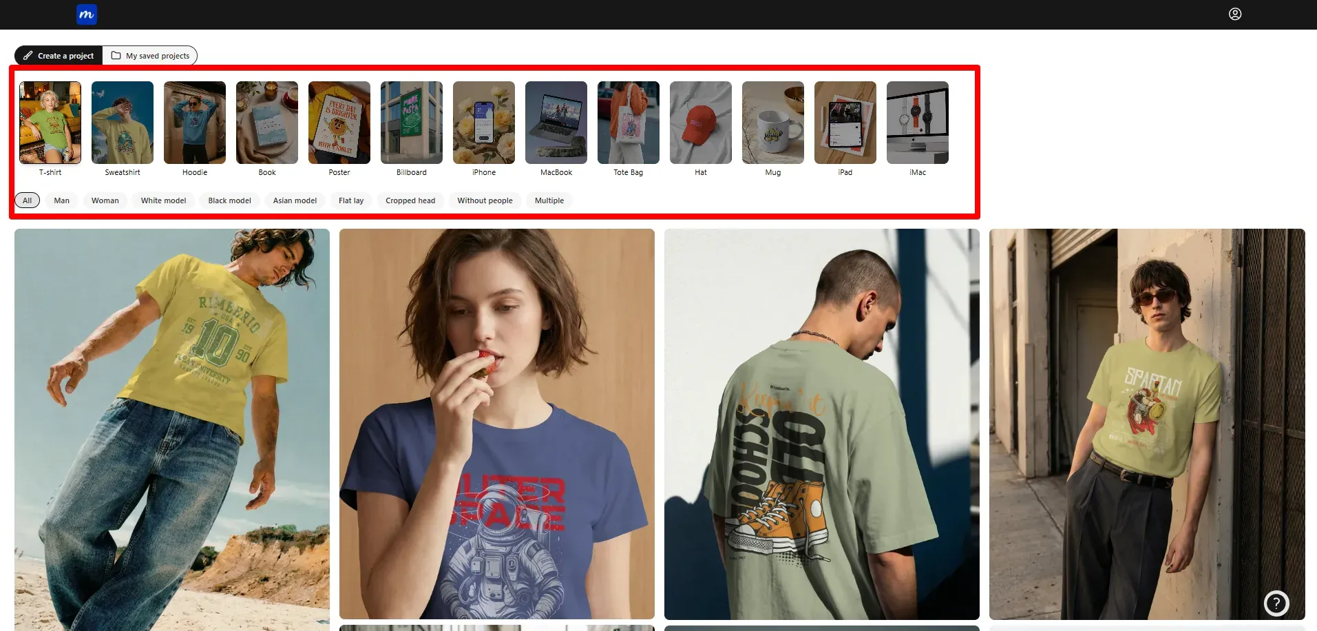 Modor dashboard showing product categories like T-shirt, hoodie, book, phone, mug, and device templates with filtering options.